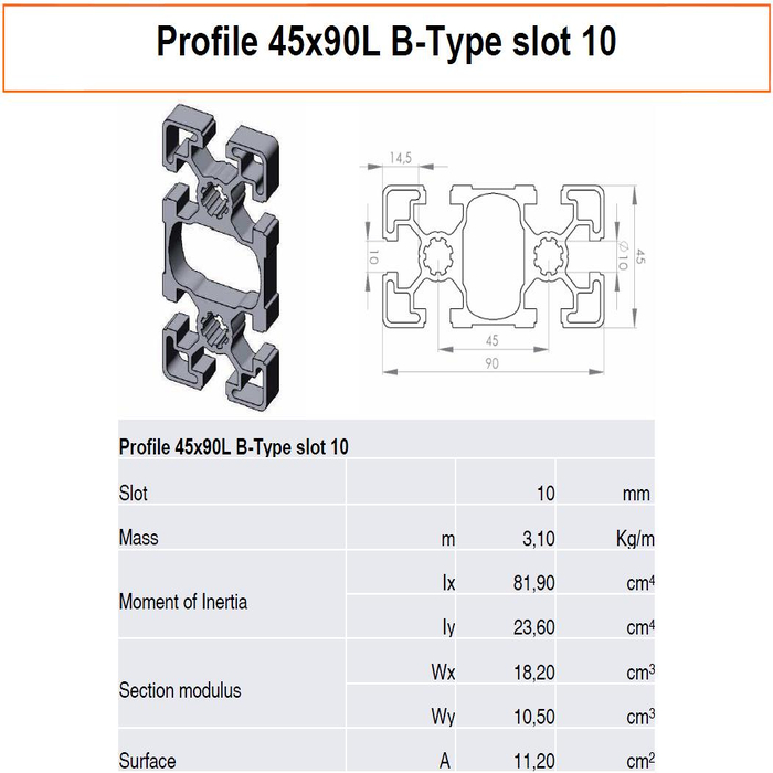 Profilato alluminio 45x90L scanalatura 10 tipo B