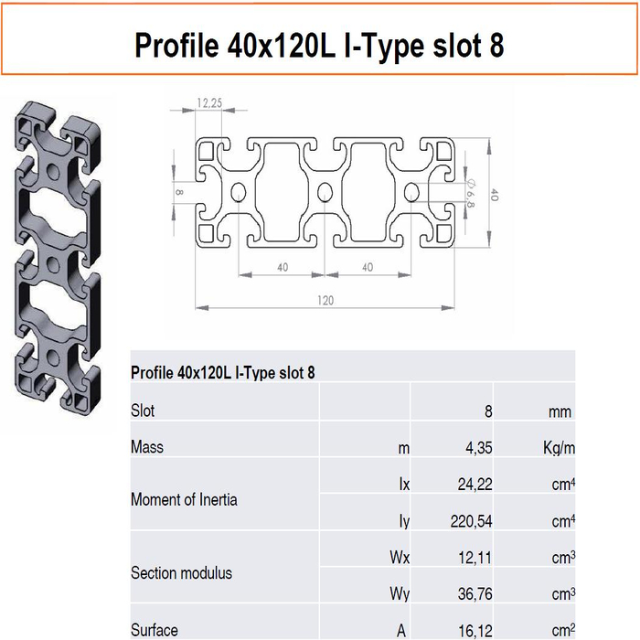 Profilato alluminio 40x120L scanalatura 8 tipo I