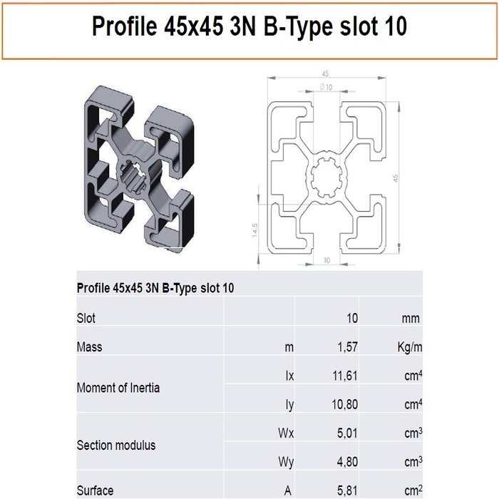 Profilato alluminio 45x45 3N scanalatura 10 tipo B