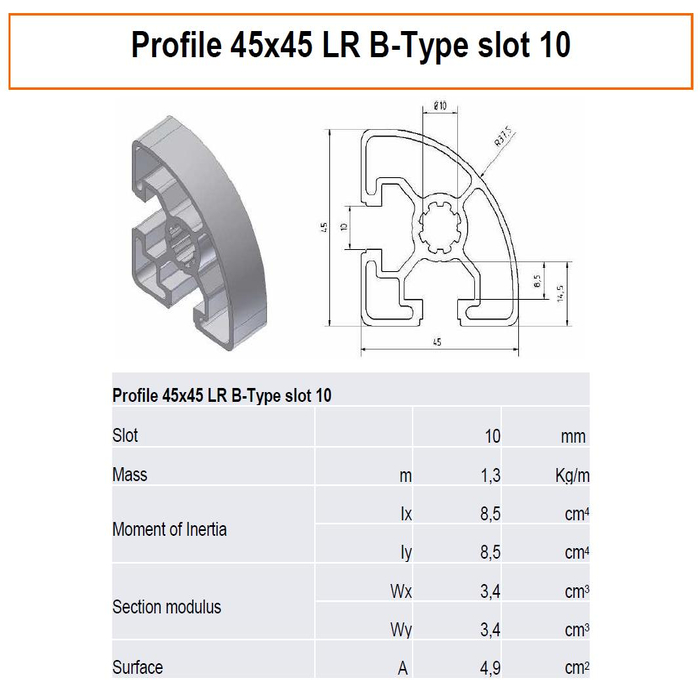 Aluminiumprofil storlek 45x45mm LR B-typ T-spår 10mm