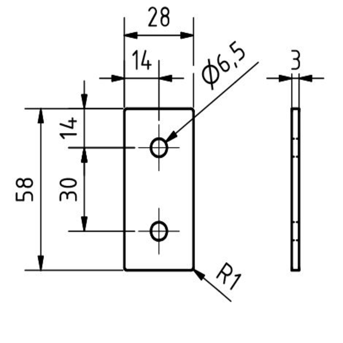 Connector plaat 28x58x3, Laser cut