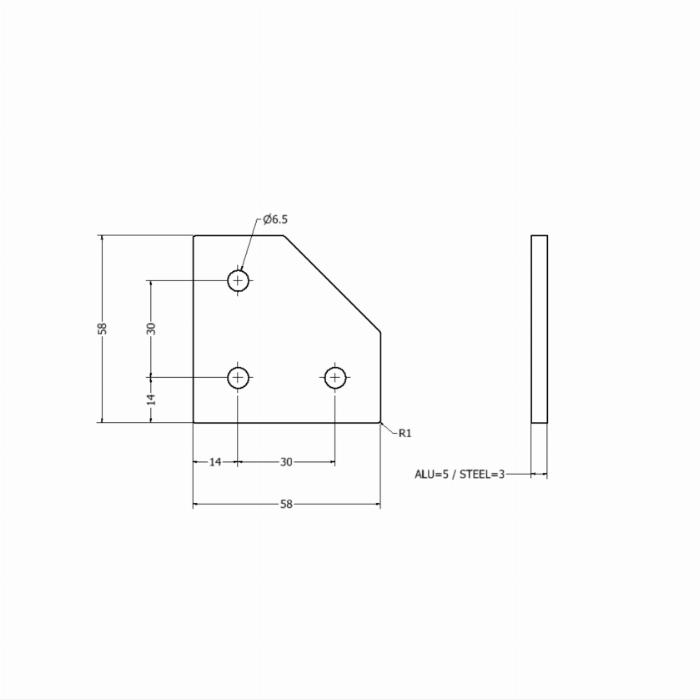Kopplingsplatta laserad 58x58x3 -L- 3-håls 30s