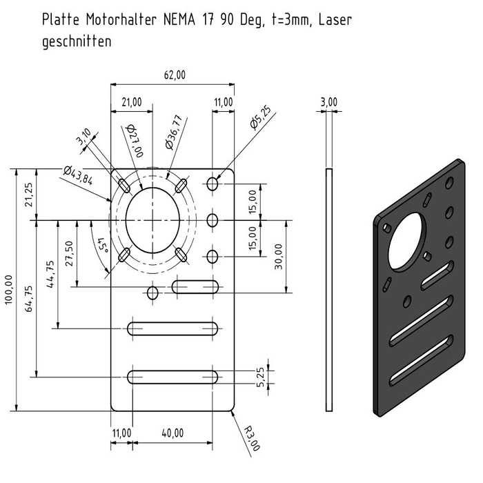 Plaat motorfäste NEMA 17 90 Deg, Laser cut, t=3mm