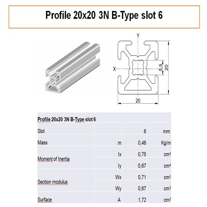Profilato alluminio 20x20 3N scanalatura 6 tipo B