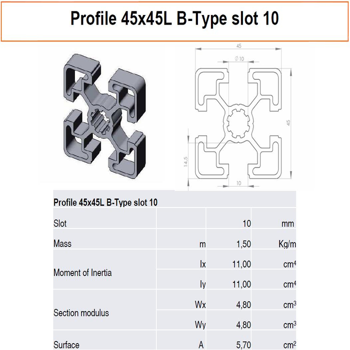 Profilé aluminium 45x45L Type B rainure 10