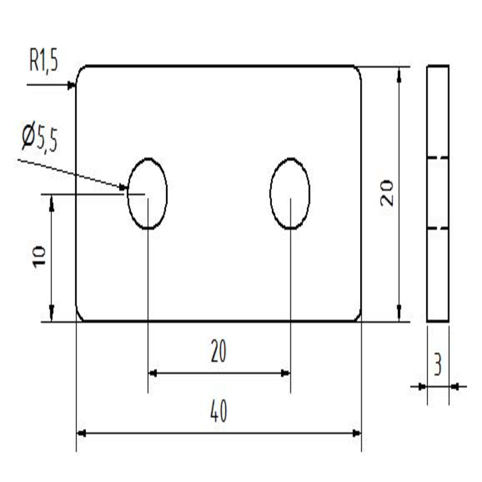 Kopplingsplatta aluminium / stål laserad 20x40x3 2-håls 20s
