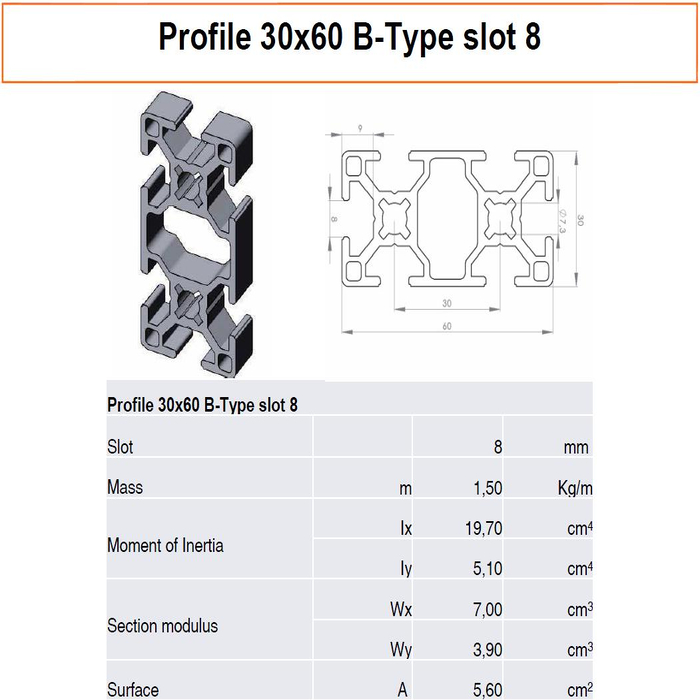 Profilato alluminio 30x60 scanalatura 8 tipo B