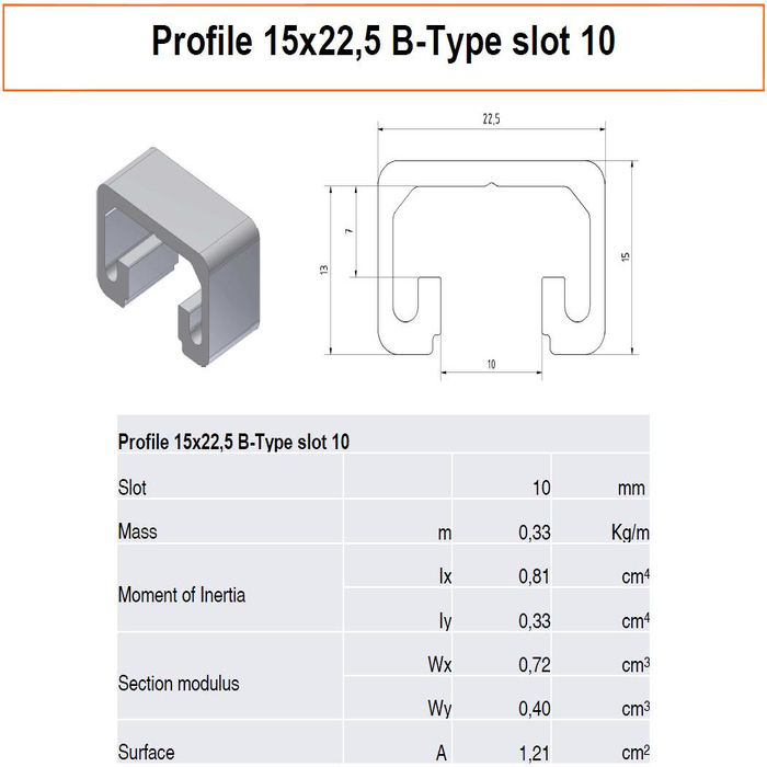 Profilato alluminio 15x22,5 scanalatura 10 tipo B