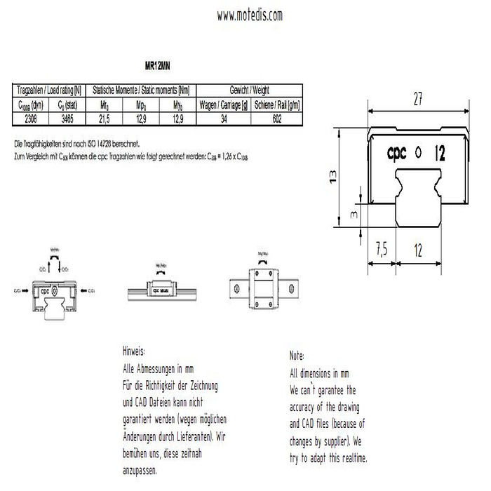 Rail de guidage linéaire en acier inoxydable Miniature MR12M-N, L = 500 mm