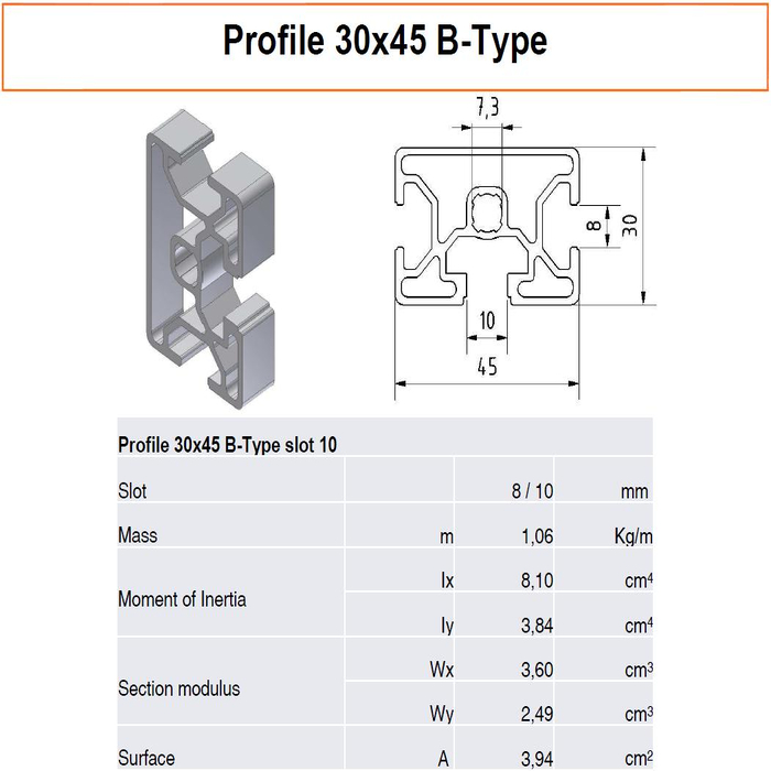 Profilato alluminio 30x45 scanalatura 8/10 tipo B