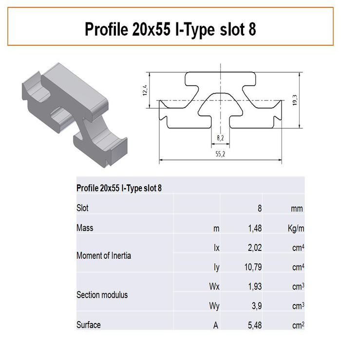 Profile 20x55 I-Type Slot 8 - Panel connection profile