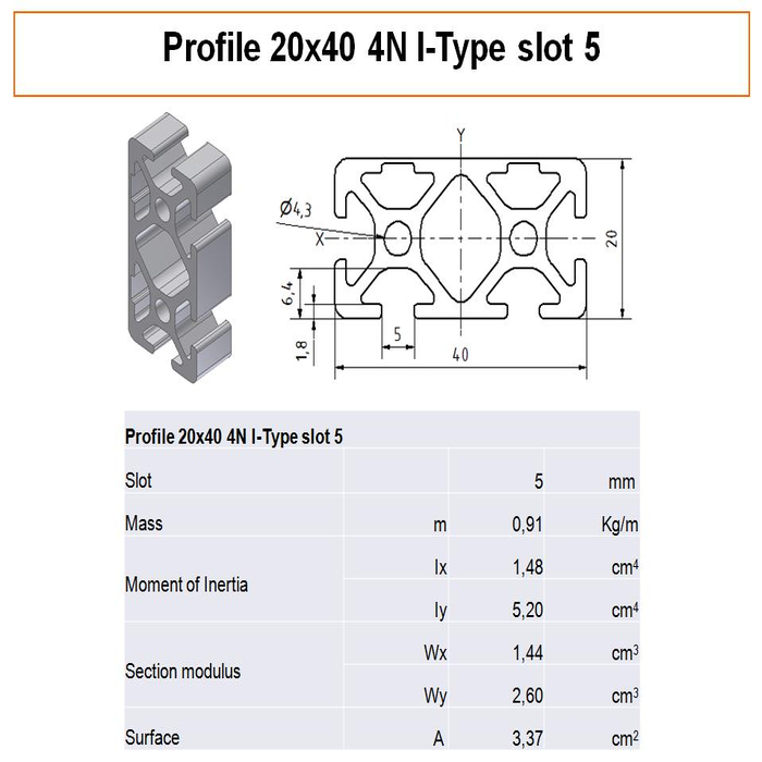 Aluminiumprofil 20x40 4N T-spår 5mm
