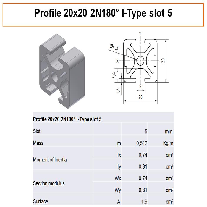 Perfil de Aluminio 20x20 2N180° Tipo I Ranura 5