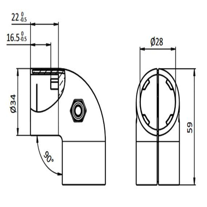 Corner connector for circular tube 28mm