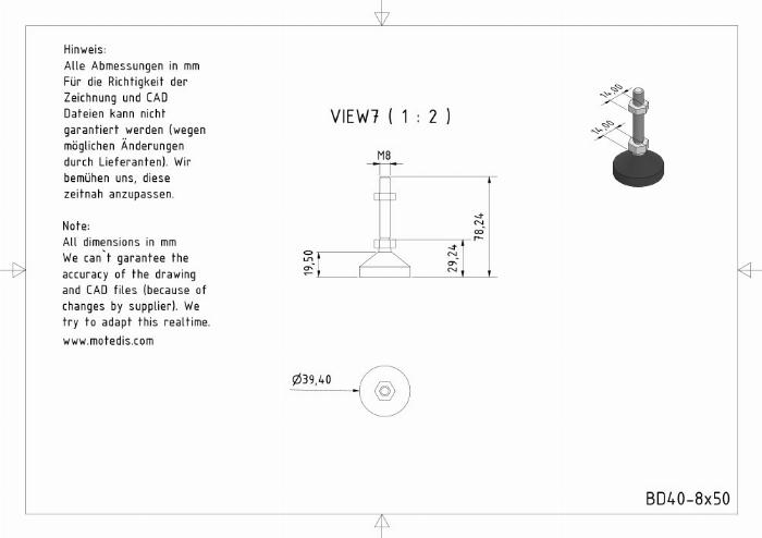 Nous vous proposons ces pieds réglables D40 M8 L50 avec tige filetée en acier galvanisé