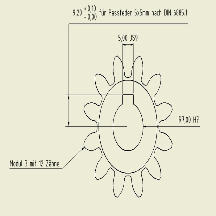 Spur gear Module 3, 12 teeth for ZDE60 with 30mm width